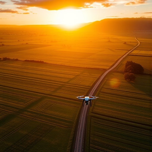 A drone monitoring farmland at sunset