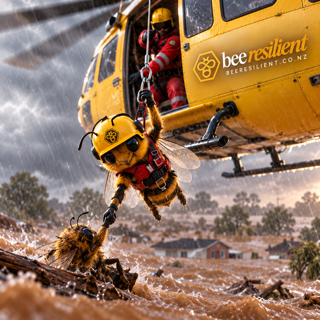 A bee rescue worker winched from a helicopter helping another bee to safety