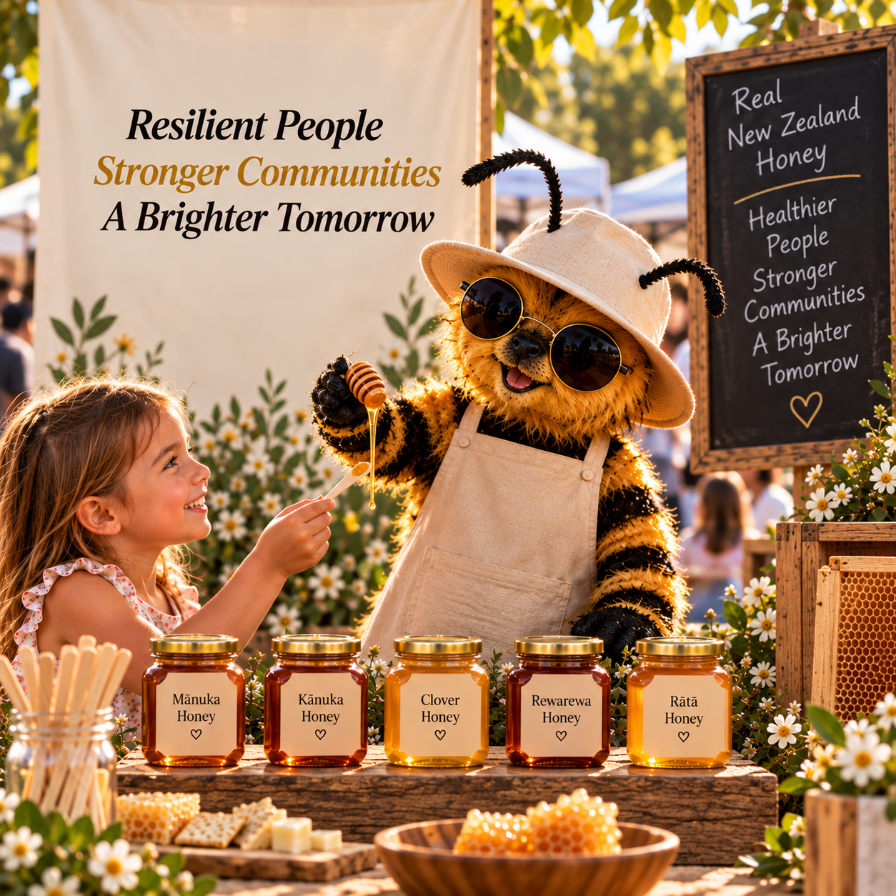 A bee mascot serving honey samples to a child at a market stall