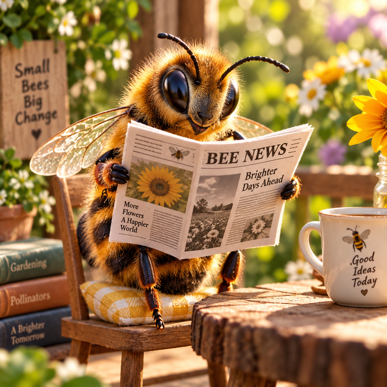 A bee mascot reading a newspaper called Bee News