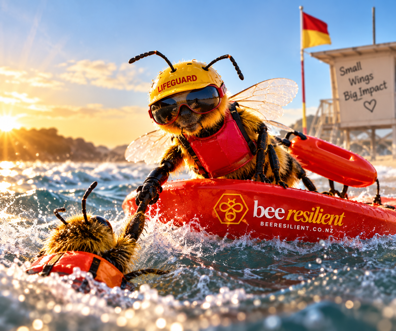 A bee lifeguard on a rescue kayak helping another bee out of the water