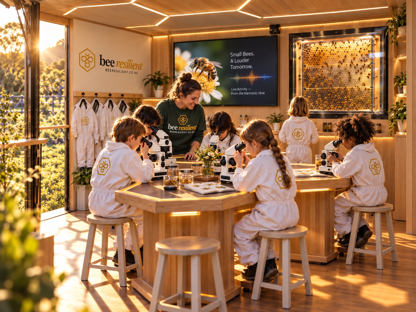 Concept image inside the Harmonic Hive: children in bee suits using microscopes beside an observation hive