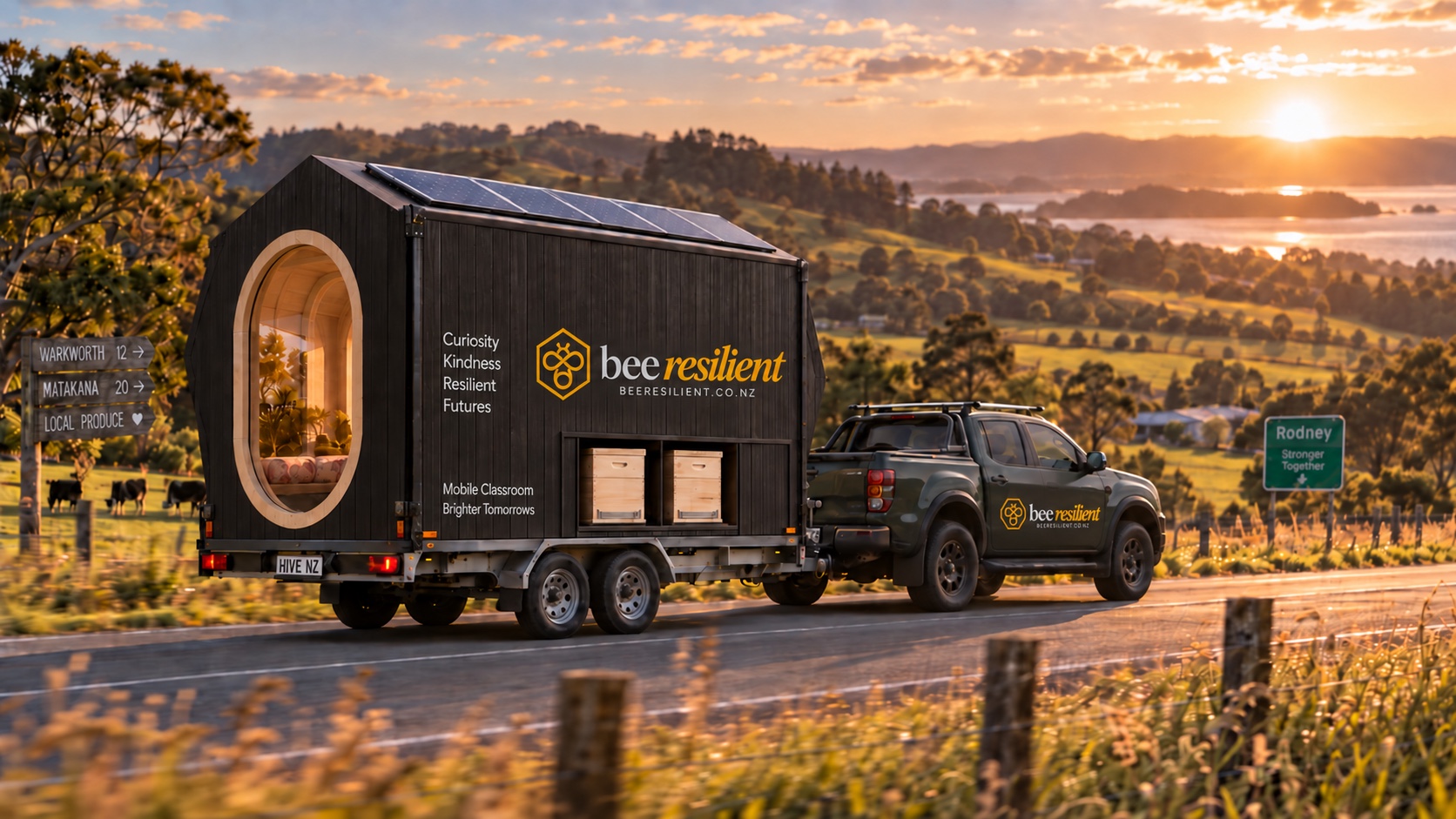 Concept image of the Harmonic Hive mobile classroom towed by a Bee Resilient ute through Rodney farmland at sunset