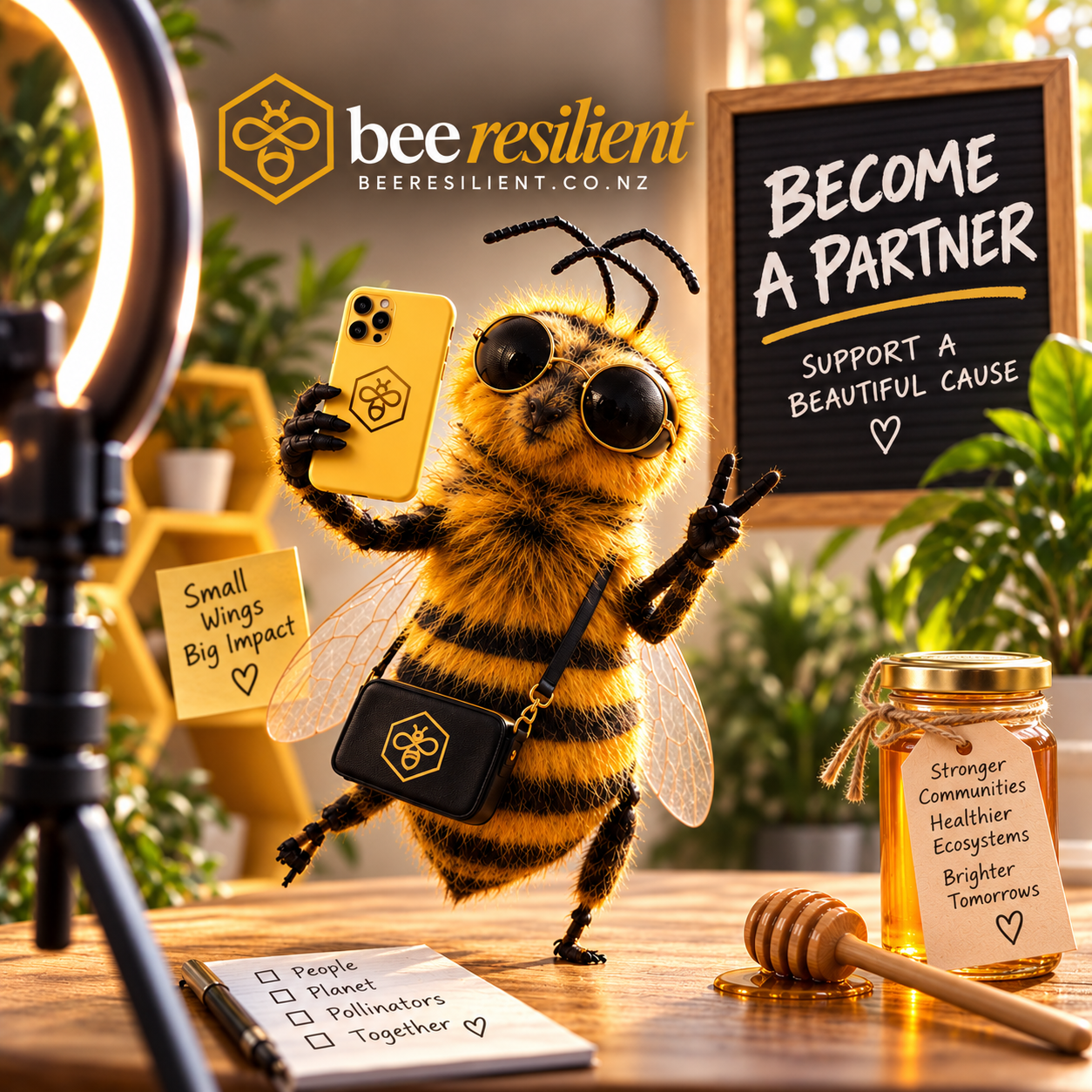 A bee mascot posing for a selfie in front of a Become a Partner sign