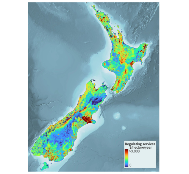 A map of New Zealand showing the value of regulating ecosystem services by region